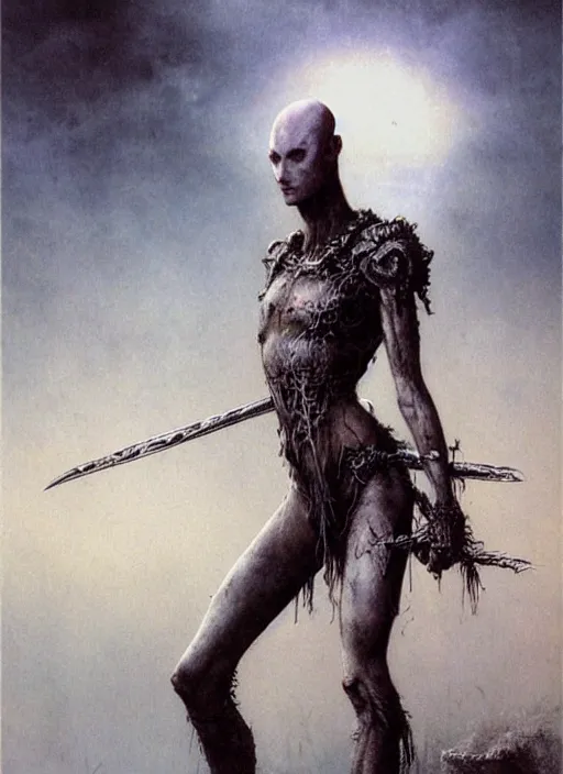 Image similar to bald barbarian teen girl by Luis Royo and Beksinski