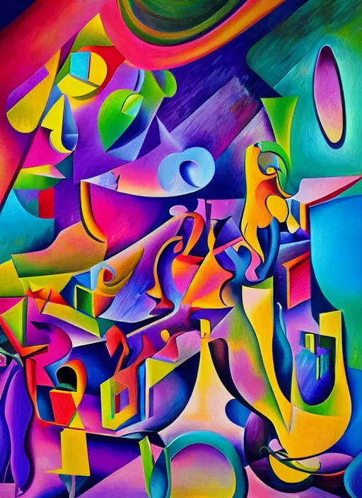Prompt: a detailed photorealistic surrealism painting of neon cast glass calligraphy cubism figures melting into a warm picasso galaxy landscape by dali and zaha hadid, vivid colors, complimentary colors, melting sun, melting 4d cubes, hallway landscape, 8k, hd, high quality, high contrast, acrylic oil on canvas