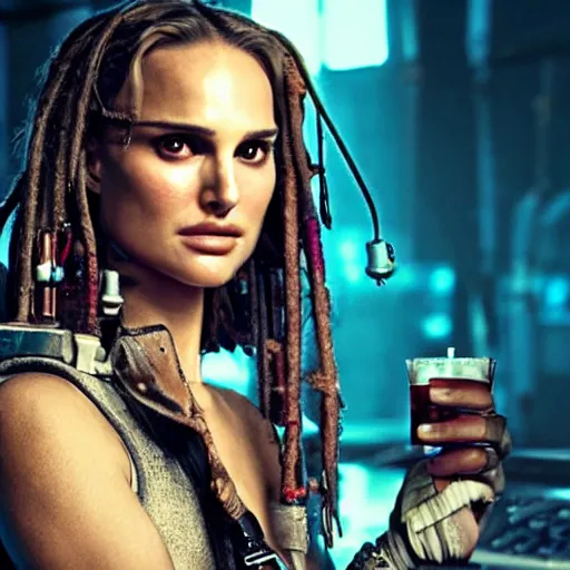 Image similar to a high quality portrait of natalie portman as a pirate in a cyberpunk cyberpunk cyberpunk cafe, realism, 8k, award winning photo