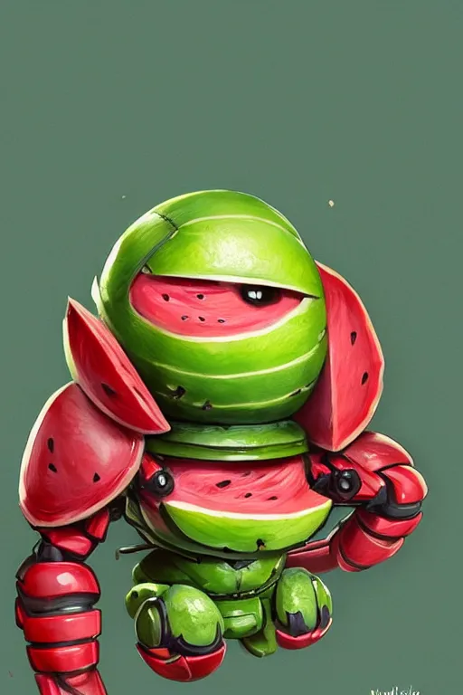 Image similar to cute anthropomorphic watermelon Tachikoma, Tachikoma made of watermelon, tiny, small, miniature Tachikoma, baby watermelon Robot, short, pale blue armor, cute and adorable, pretty, beautiful, DnD character art portrait, matte fantasy painting, cgsociety Artstation, by Jason Felix by Steve Argyle by Tyler Jacobson by Peter Mohrbacher, cinematic lighting