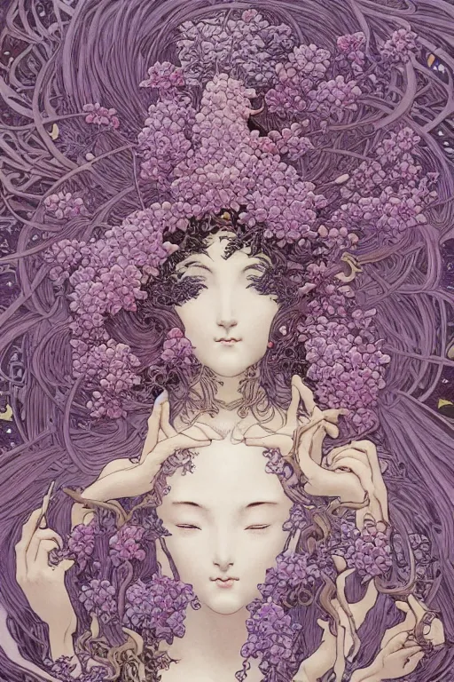 Image similar to beautiful symmetrical goddess of wisteria : : 2, highly detailed, intricate designs, by hokusai, mike mignola, nekro, peter mohrbacher, alphonse mucha, brian froud, yoshitaka amano, kim keever, victo ngai, james jean, jean giraud, elaborate ink illustration, trending on artstation