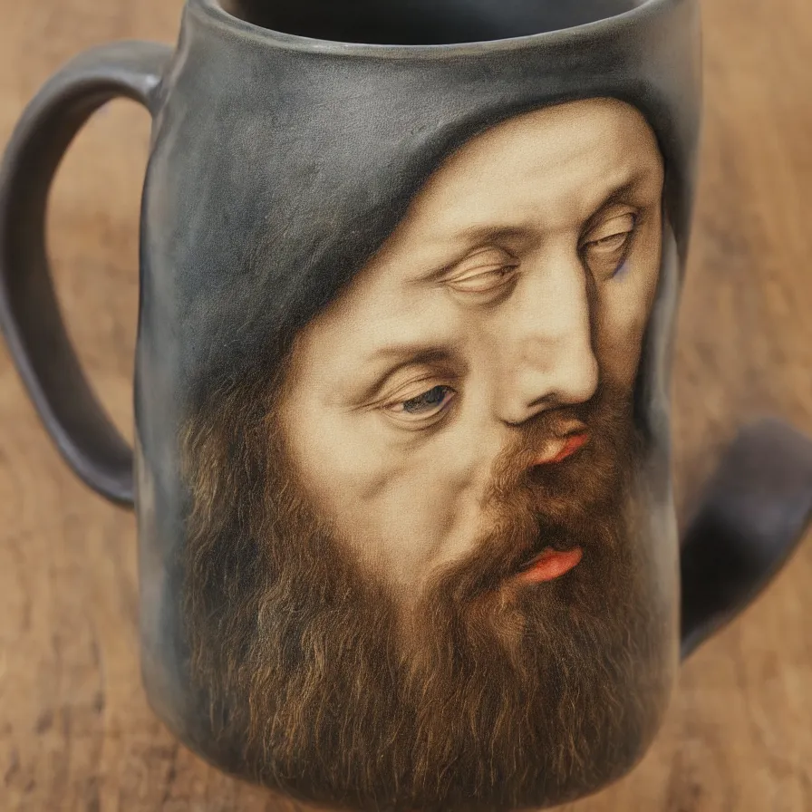 Prompt: beautiful close - up studio photograph of a hand - thrown stoneware mug painted with albrecht durer self portrait on a wooden table, hyperrealism 8 k trending on artstation