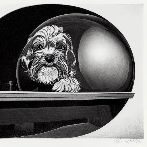 Image similar to self portrait of a havanese dog reflecting into a chrome sphere, 1 9 5 0 s desk and office in the background, pen on paper, by mc escher