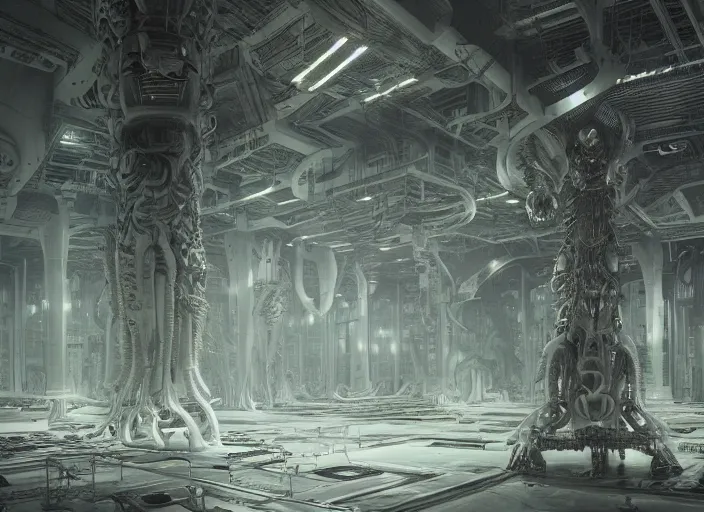 Prompt: an xenomorphic alien queen hive in a massive warehouse, alien eggs, haze, highly detailed hyper real retro interior high ceilings, retro futuristic, volumetric interior lighting, artstation, octane, vray render 4 k by giger, beksinski