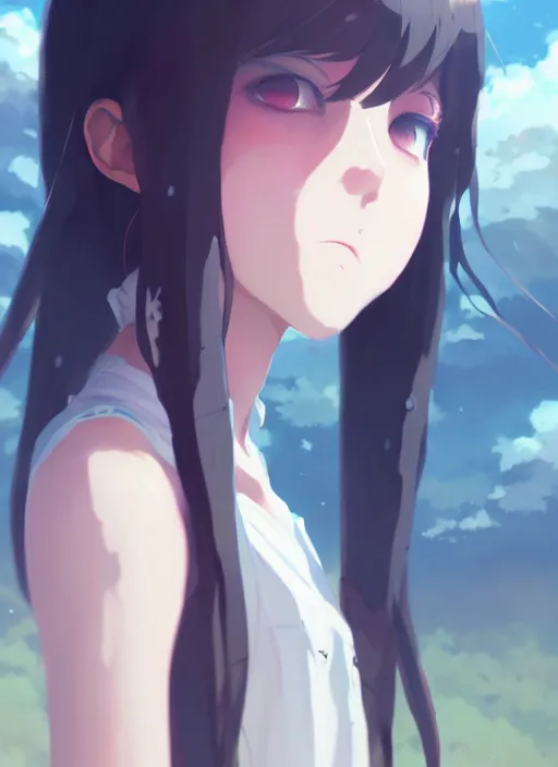 Image similar to portrait of cute goth girl, cloudy sky background lush landscape illustration concept art anime key visual trending pixiv fanbox by wlop and greg rutkowski and makoto shinkai and studio ghibli