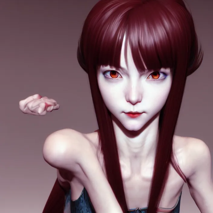 Image similar to renaissance portrait of the secretive vampire girl loner smiling at her next victim, by katsuhiro otomo, yoshitaka amano, nico tanigawa, and artgerm rendered with 3 d effect.