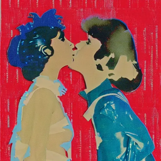 Prompt: two women kissing at a carnival, mixed media collage from 7 0 s, retro, lowfi, magazine collage