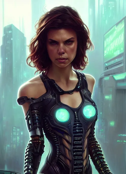 Image similar to lauren cohan with cyberpunk implants,, incredibly detailed face, pretty face, light dress, deep focus, fantasy, intricate, elegant, digital painting, artstation, concept art, matte, sharp focus, true anatomy, art by artgerm and greg rutkowski and alphonse mucha