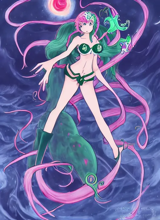 Image similar to Cthulhu as a Sailor moon main character, Concept Art, Anime illustration, very detailed