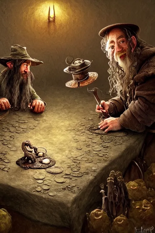 Image similar to dirty faced and very happy hobbit looking the table full of fook, hobbit is wearing a hat made of octopuss, fantasy, intricate, elegant, highly detailed, digital painting, artstation, concept art, addiction, chains, smooth, sharp focus, illustration, art by Ilja Repin