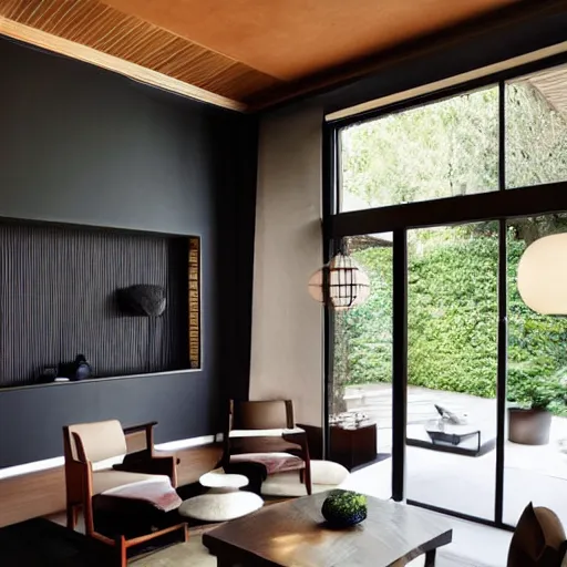 Image similar to lounge and dining room, stone, interior design, stylish luxury hotel living room design, yakisugi, black vertical slatted timber, textures, feminine, black walls, art, Japanese pottery vase with flowers, kakejiku, seasonal, Japanese influences