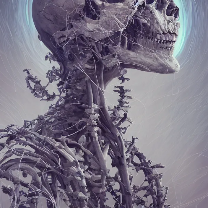 Image similar to portrait of Riae as a skeleton. intricate abstract. intricate artwork. nightmare fuel. by Tooth Wu, wlop, beeple, dan mumford. octane render, trending on artstation, greg rutkowski very coherent symmetrical artwork. cinematic, hyper realism, high detail, octane render, 8k, iridescent accents