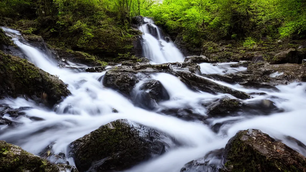 Prompt: long exposure photo of a waterfall