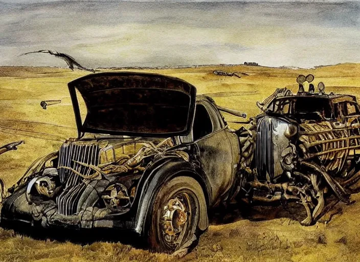 Image similar to mad max fury style pipe organ, painting by andrew wyeth, very detailed, somber mood,