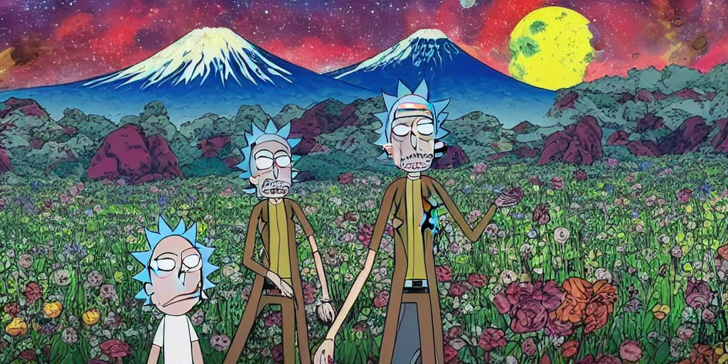 Prompt: Rick and Morty in a Field of mixed flowers, Mount Fuji blurred in the background, good news on Sunday, HR Giger style , chinese ancient painting