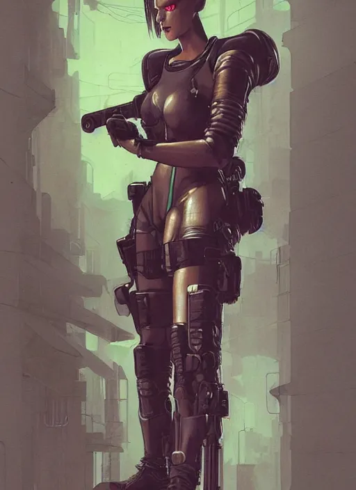 Image similar to menacing cyberpunk mercenary in tactical harbess and jumpsuit. dystopian. portrait by stonehouse and mœbius and will eisner and gil elvgren and pixar. realistic proportions. cyberpunk 2 0 7 7, apex, blade runner 2 0 4 9 concept art. cel shading. attractive face. thick lines.