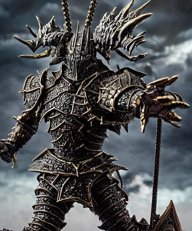 Image similar to hyperrealistic rendering, epic dark souls boss, ornate supreme demon overlord, jewel crown, war armor battle, by art of skinner and richard corben, product photography, collectible action figure, sofubi, hottoys, storm clouds, outside, lightning