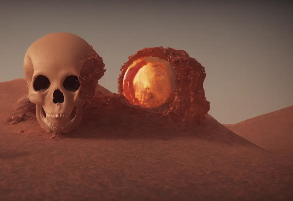 Image similar to eldritch alien skull in a dessert in mars, cinematic lighting, octane tender, volumetric light, dark - art