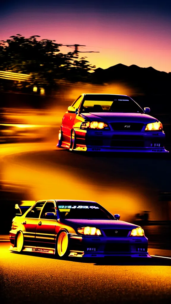 Image similar to a car drift spec JZX100 in middle of road, gunma prefecture, city sunset night, cinematic color, photorealistic, highly detailed