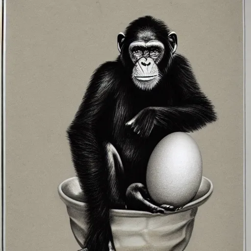 Prompt: a realistic pencil drawing of a chimpanzee sitting on a large egg.