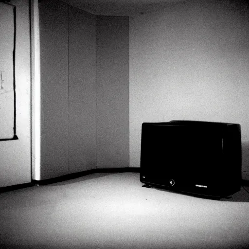 Prompt: Photograph of an empty room with a TV playing static at night, dusty, wood cabinets, extremely dark room, pitch black, sleep paralysis demon in corner, taken using a film camera with 35mm expired film, bright camera flash enabled, slightly foggy, award winning photograph, creepy, liminal space