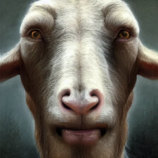 Image similar to vladimir putin, anthropomorphic bald prehistoric goat, putin is hybrid goat, toothless, horror, macabre by donato giancola and greg rutkowski and wayne barlow and zdzisław beksinski, realistic face, digital art