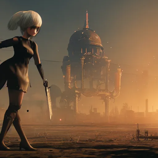 Image similar to Film still of 2B nier automata in a town from Red Dead Redemption 2 (2018 video game), concept art