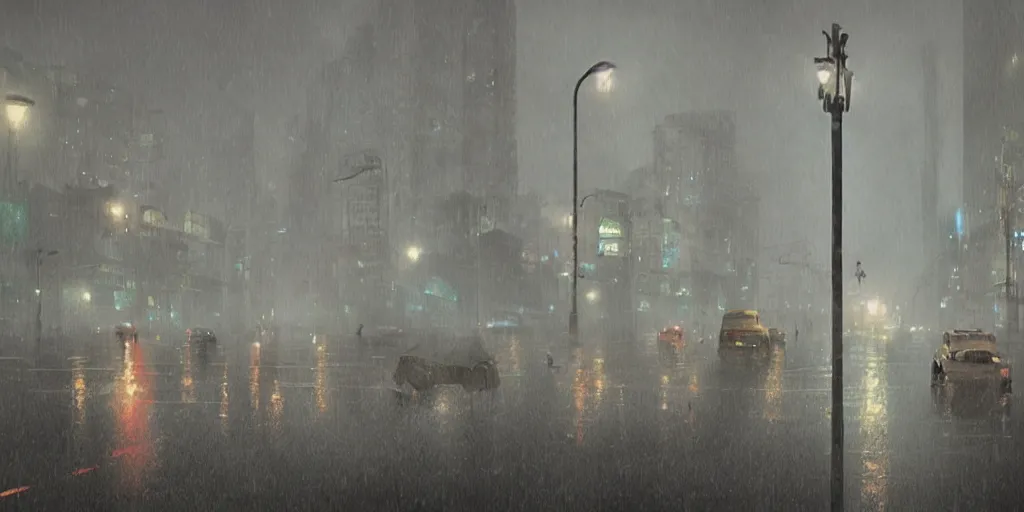 Prompt: Mumbai city by Simon Stålenhag, Matte Painting, heavy rains, traffic lights, fog