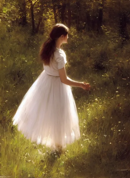 Prompt: A girl wearing a white skirt in the forest, by Vicente Romero Redondo