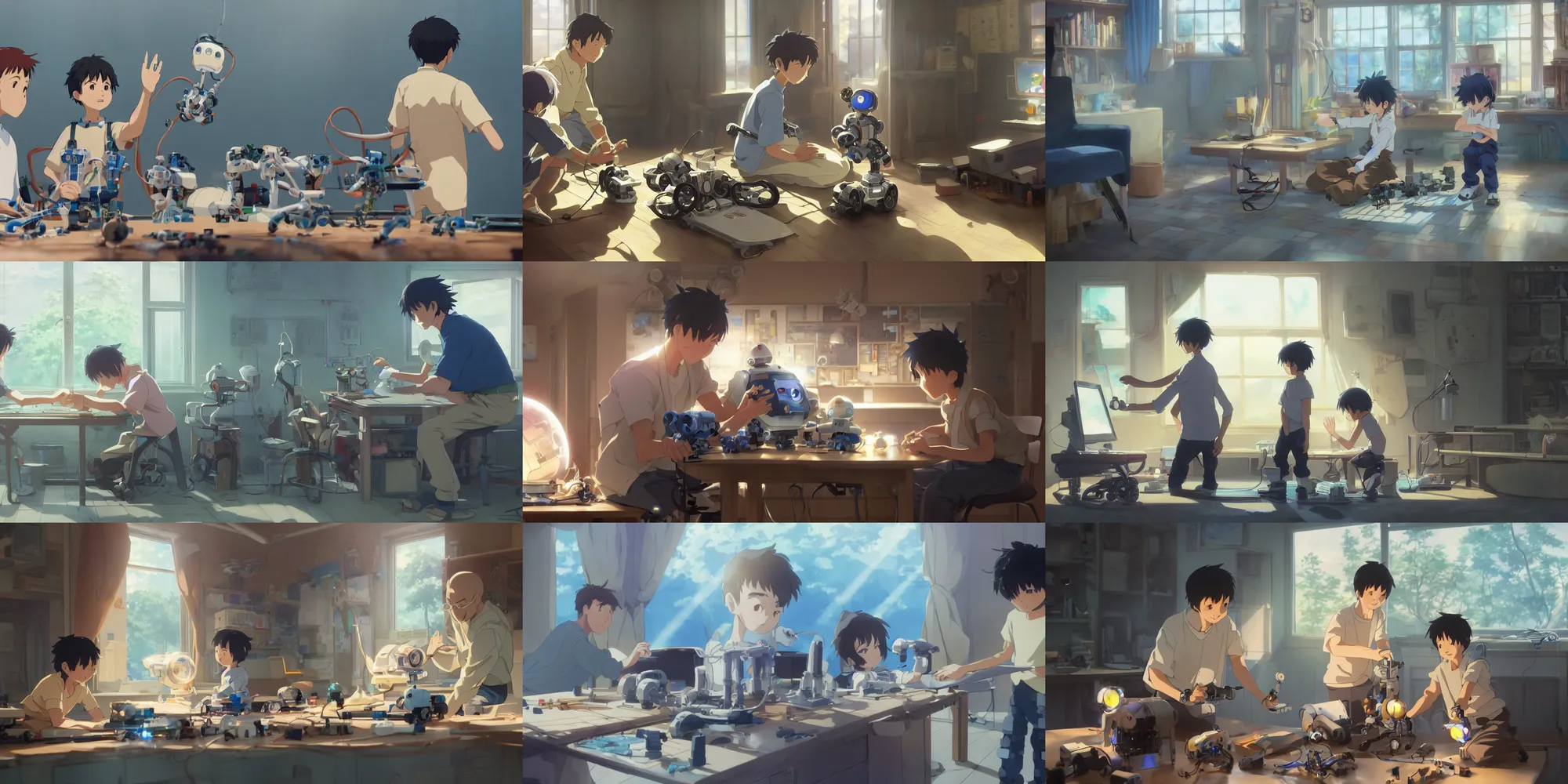 Prompt: a wholesome anime key shot of a father helping his son build a robot for the science fair, medium shot, waist up, studio Ghibli, Pixar and Disney animation, sharp, Rendered in Unreal Engine 5, anime key art by Greg Rutkowski, Bloom, dramatic lighting, happy, intense emotions