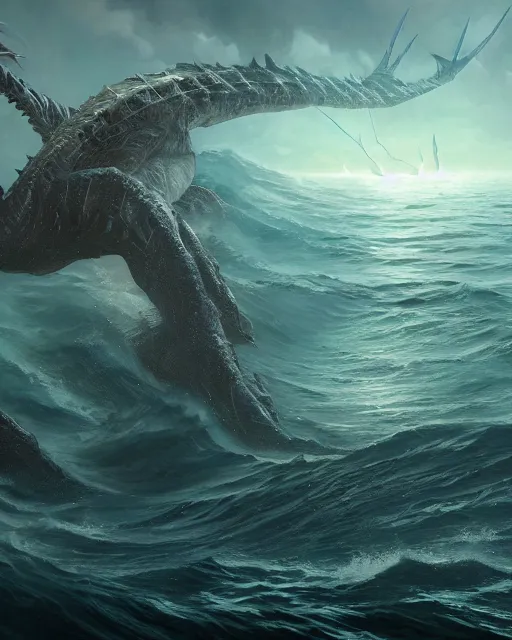 Image similar to A monstrous giant sea dragon in the middle of the sea, fantasy art, in the style of greg rutkowski, illustration, epic, fantasy, intricate, hyper detailed, artstation, concept art, smooth, sharp focus, ray tracing