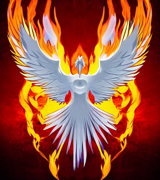 Prompt: white phoenix on flames salt crystals simple background simplified stylised poster art neat graphic design style holistic