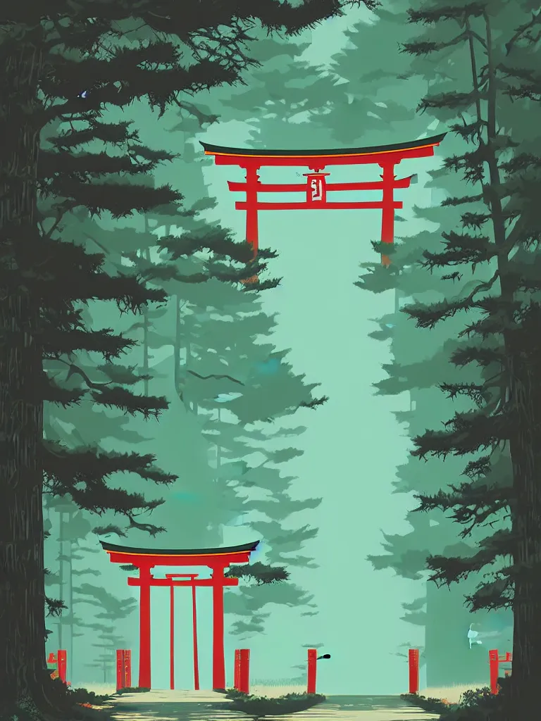 Prompt: a poster depicting a japanese torii gate in a forest, vintage style, detailed illustration, digital painting, vector art, trending on artstration, by anton fadeev, by alena aenami