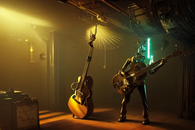 Image similar to 3 steampunk robot jazz guitarist playing at a night club, focus on the musicians, cinematic lighting, exaggerated detailed, unreal engine, octane render, trending on artstation, art by greg rutkowski, 4 k