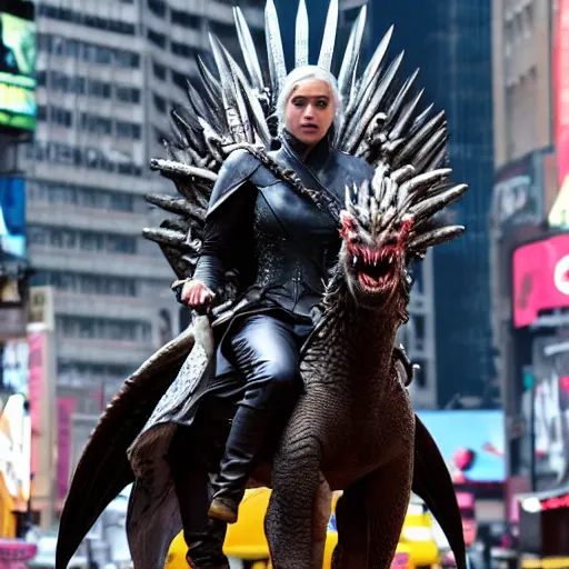 Image similar to game of thrones Daenerys riding a dragon in new york time square