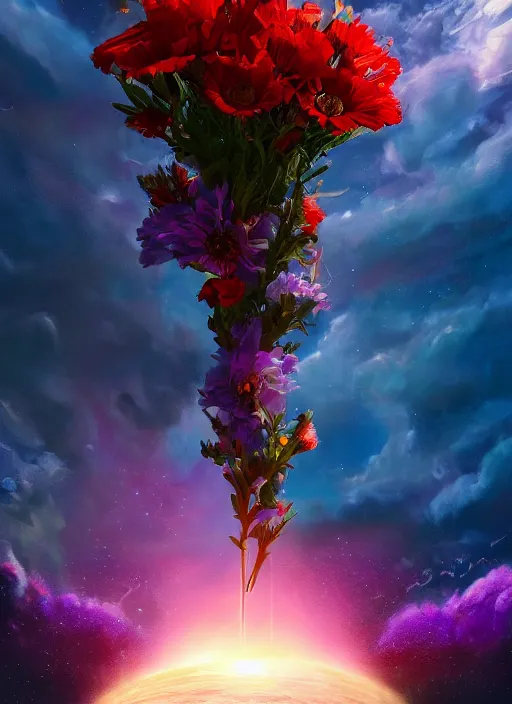 Image similar to An epic fantastic realism comic book style painting of the most beautiful flowers launched into space, bouquets, solar eclipse, fisheye, unreal 5, DAZ, hyperrealistic, octane render, dynamic lighting