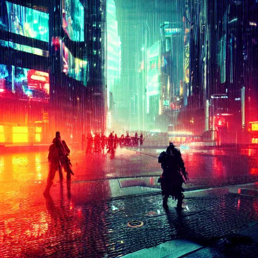 Image similar to return of the cyberpunk army in neon city, raining, cinematic lighting, 4 k, by greg rutkowski