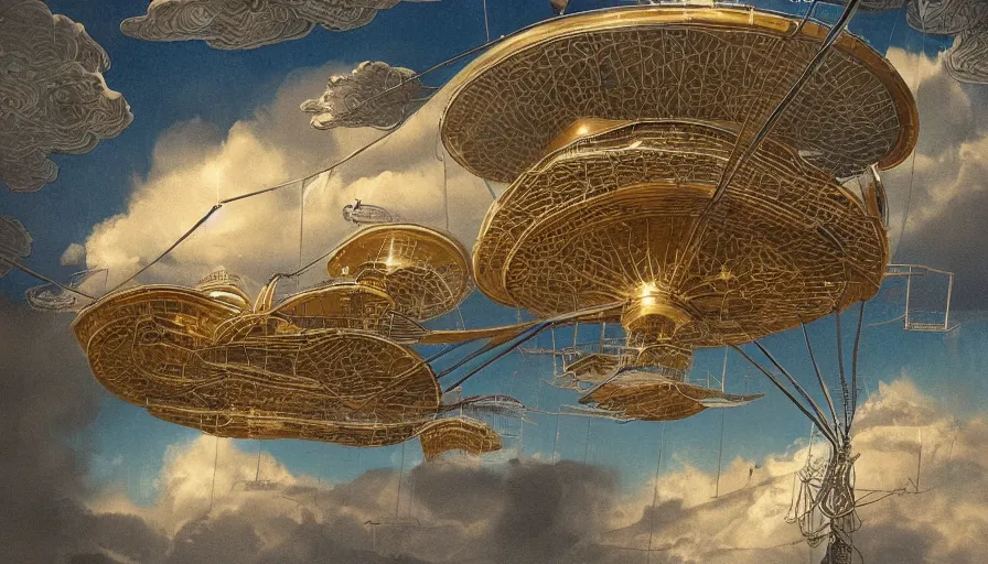 Image similar to an inflated stainless steel chrome gondola in the clouds, people are hanging by steel cables. Oil rigs in the sky. Intricate technical drawing. Colored pencil. Mammatus clouds. Ornate, brilliant, utopian, detailed, Golden ratio, solarpunk technology by Lebbeus Woods and Craig Mullins