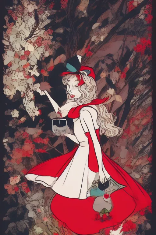 Prompt: little red riding hood as alice in wonderland by sho murase
