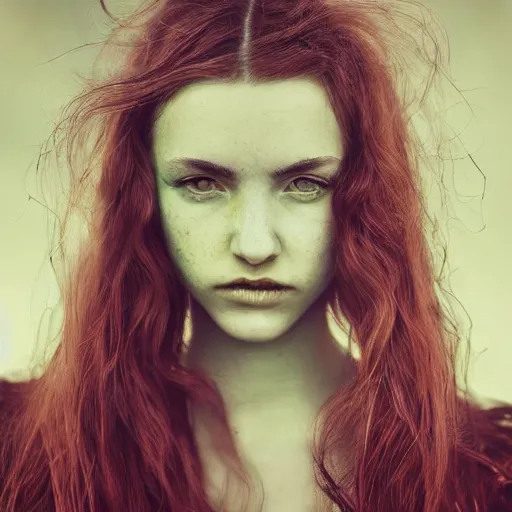 Prompt: a portrait photograph of a female angel by Alessio Albi, beautiful full face, symmetrical face, artstation,deviantart,hyperrealism, green eyes, long red hair,a small nose:1