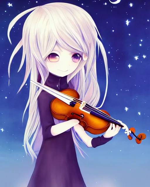 Image similar to chibi, cute, female, full body, elf girl with white skin and golden long wavy hair, holding a violin and playing a song, stunning art style, filters applied, lunar time, night sky, trending art, sharp focus, centered, landscape shot, fate zero, simple background, studio ghibly makoto shinkai yuji yamaguchi, by wlop