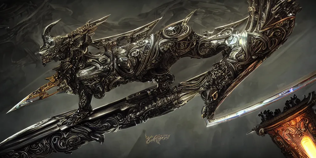 Prompt: legendary cybernetic full long sharp sword lying flat on a glowing table with a black and iridescent sword blade, digital award winning hd matte painting, intimate dark moody, intricate, ornate spikes, colorful gems on hilt, detailed realistic raytraced blade, future golden technological pommel, in the style of krenz cushart, deviantart