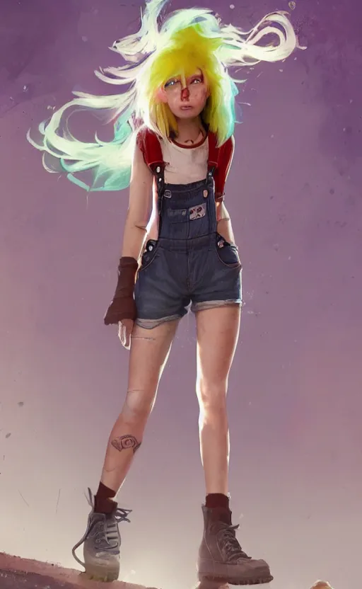 Prompt: a grungy alternative pixar woman with rainbow hair, drunk, angry, soft eyes and narrow chin, dainty figure, long hair straight down, torn overalls, short shorts, combat boots, basic white background, side boob, symmetrical, single person, style of by Jordan Grimmer and greg rutkowski, crisp lines and color,