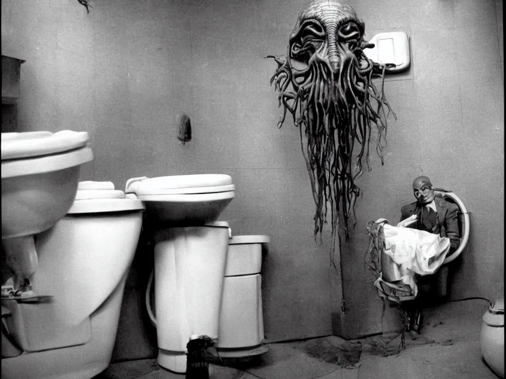 Image similar to HP Lovecraft alien sitting on the toilet. Color photograph from modern sci-fi film.