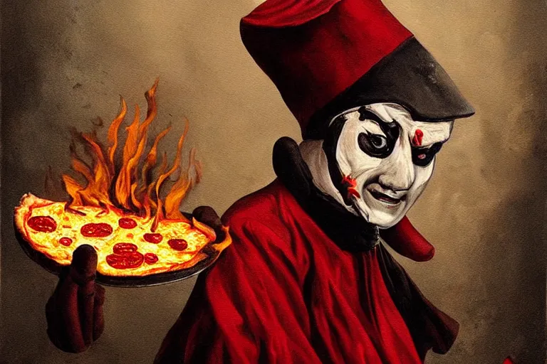 Prompt: a highly detailed menacing painting of pulcinella!!! from naples with a pizza!! and lots of fire, a volcano and dark smoke, an ultrafine painting by antoinette kelly, dramatic lighting, trending on deviantart, sharp focus, octane, masterpiece