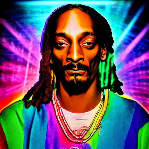 Image similar to psychedelic snoop dogg with luminous scars, lasers and neon and a halo of light