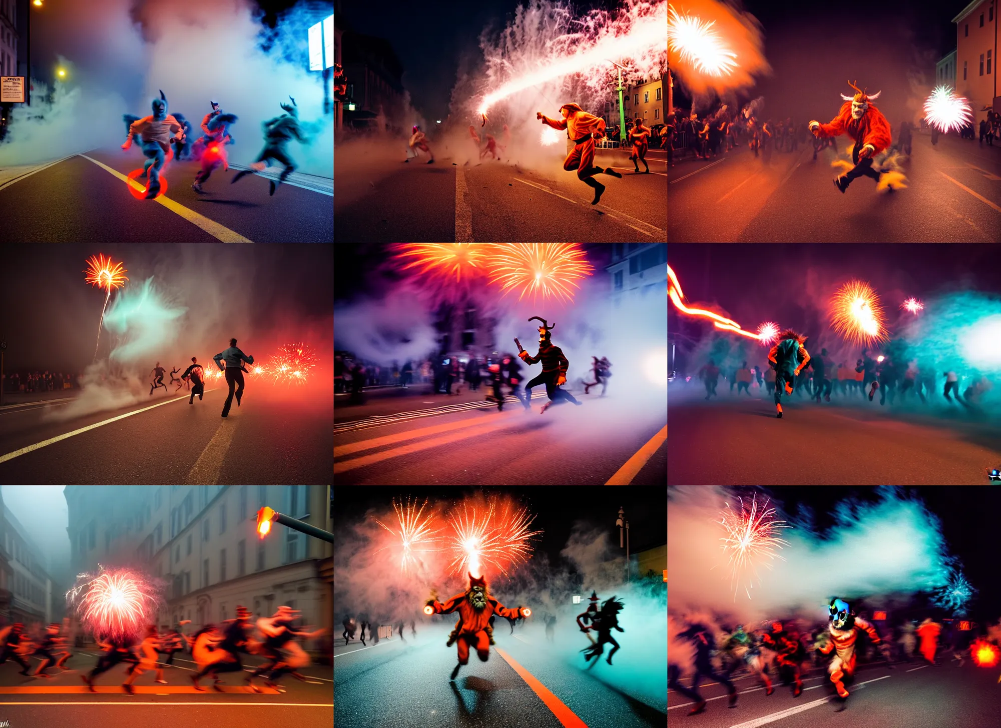 Image similar to kodak portra 4 0 0, 5 0 0 mm tele lens, f 1. 2, long exposure time, award winning dynamic vivid atmospheric photograph of running chasing jumping hazardous horde krampus, by robert capas, in muted colours, striped orange and teal, motion blur, on a street in salzburg at night with colourful exploding pyro firework and torches, fog