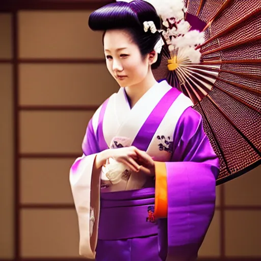 Image similar to Japanese geisha with beautiful violet paper fan, 4k photography, 30 mm lens, cinematic light, warm atmosphere, in style of Kar Wai Wong