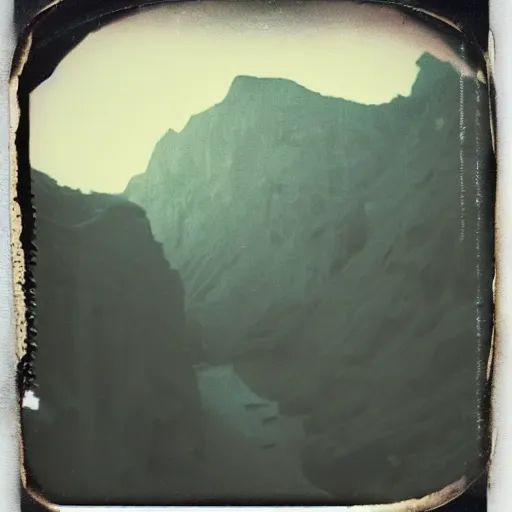 Image similar to a dark and narrow glacier cave, deep, dark, creepy, eerie, unsettling, terrifying, old polaroid, expired film, deep,