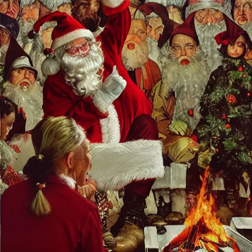 Image similar to vogue designer Santa Claus Sacrificing the Elves to a Volcano God Altar norman rockwell